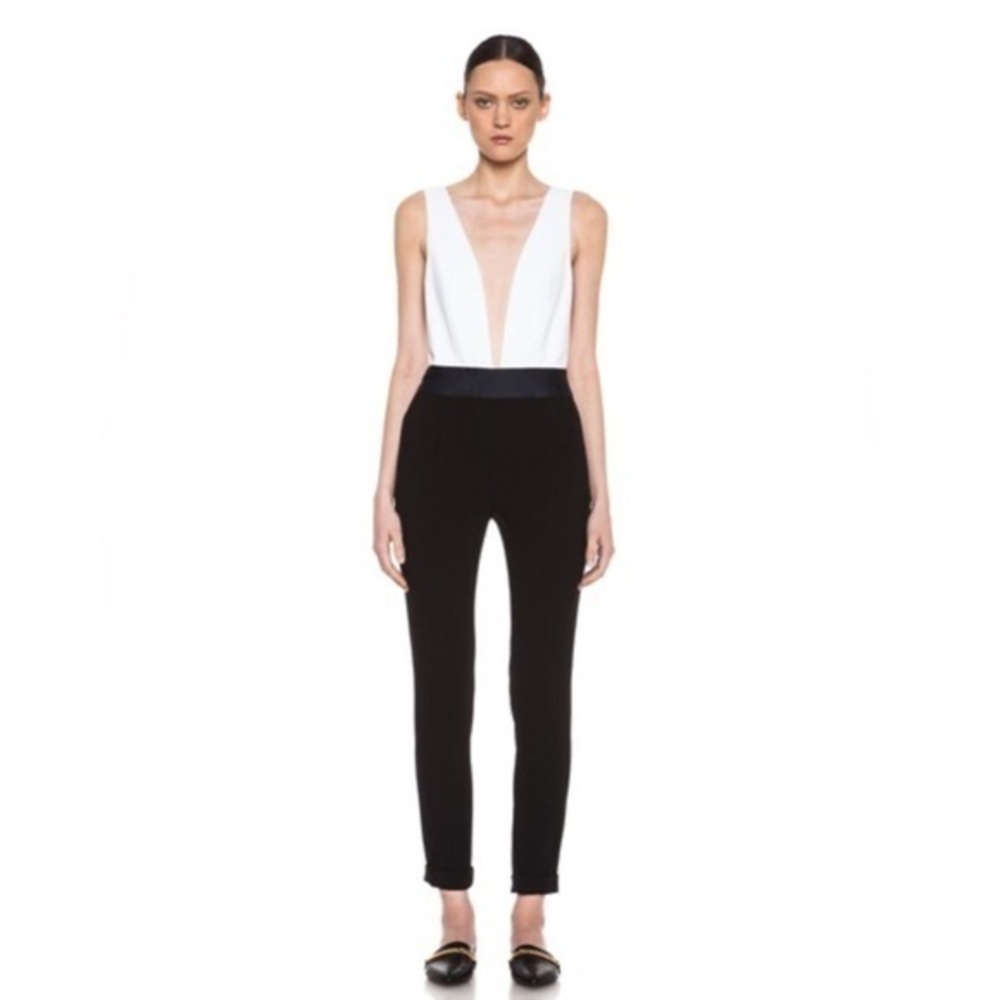 Jenni Kayne Tuxedo Cotton & Silk Jumpsuit Double V White Black Size 4